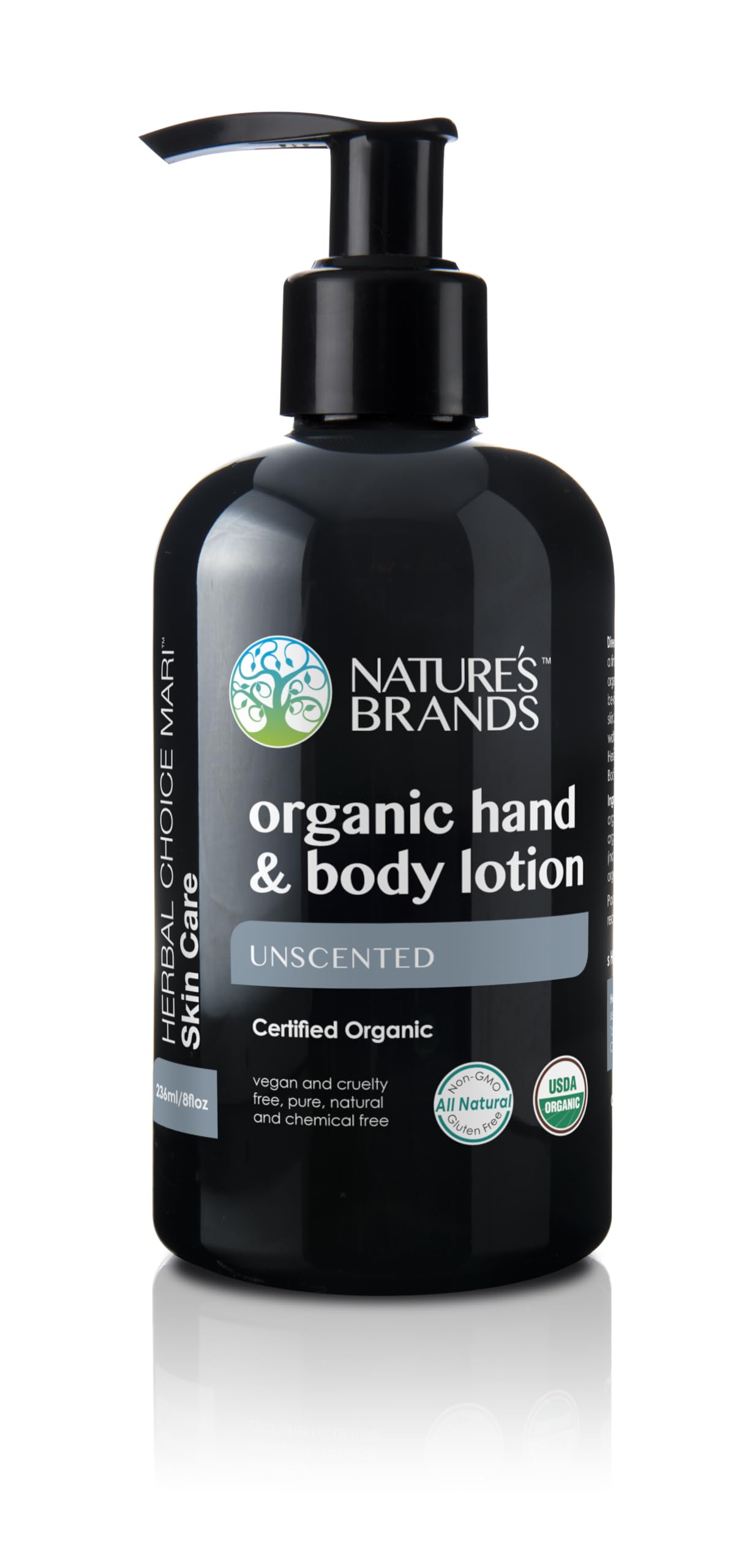 Nature's Brands Organic Hand & Body Lotion by Herbal Choice Mari (Unscented, 8 Fl Oz BPA Free Plastic Bottle) - No Toxic Synthetic Chemicals
