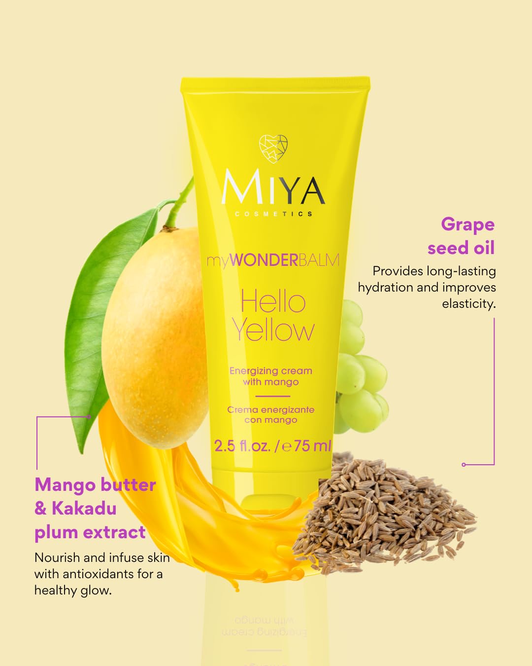 MIYA Cosmetics Mango Energizing Face Cream – Brightening & Hydrating Daily Moisturizer for Dull, Tired Skin, Vegan Formula – myWONDERBALM Hello Yellow – 2.5 oz