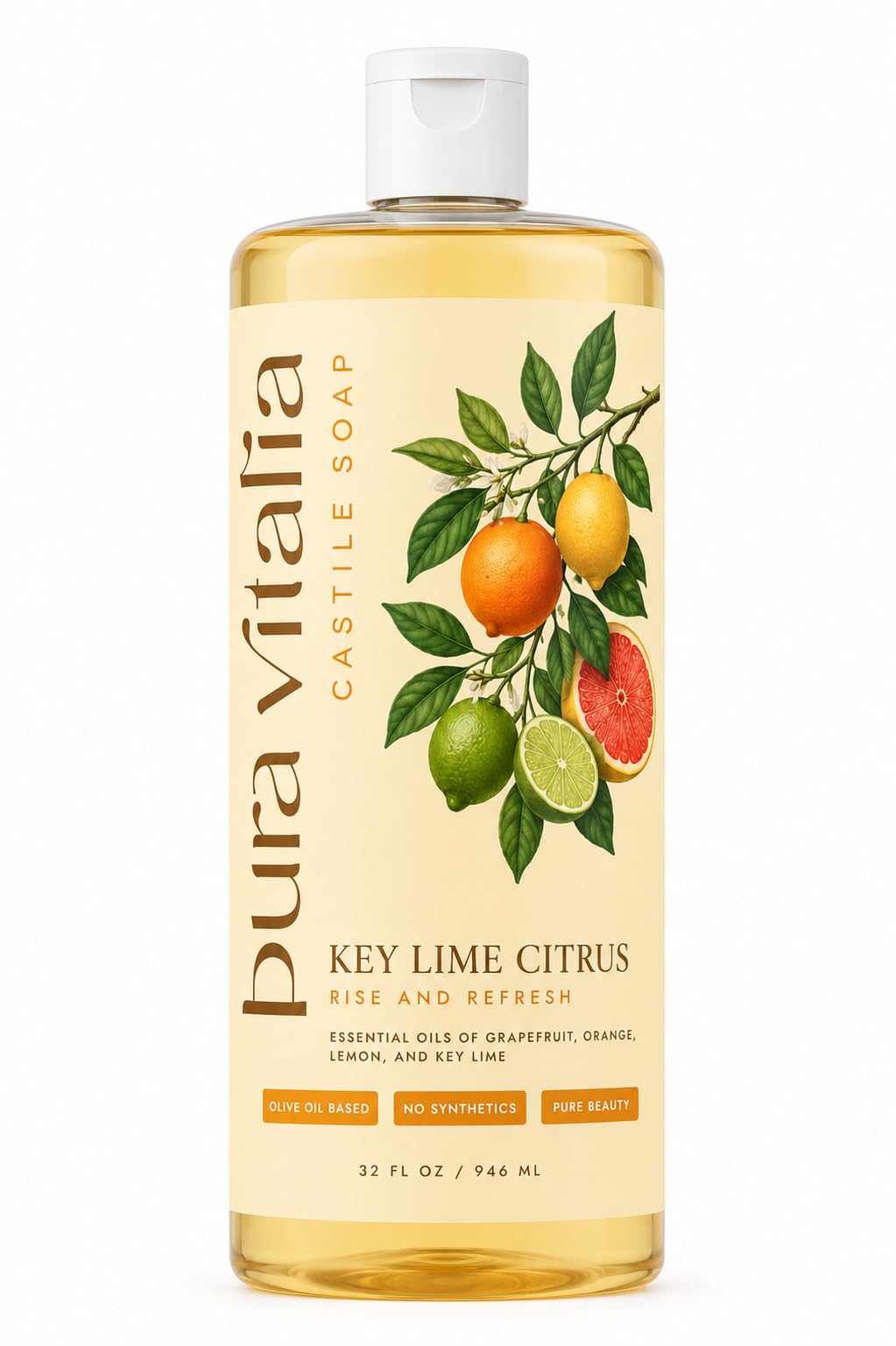 Pura Vitalia Key Lime Citrus Castile Soap Body Wash | With Organic Aloe & 4 Mediterranean Citrus Oils | No SLS, Parabens or Synthetic Fragrance | Ancient Mediterranean Formula | 32 oz