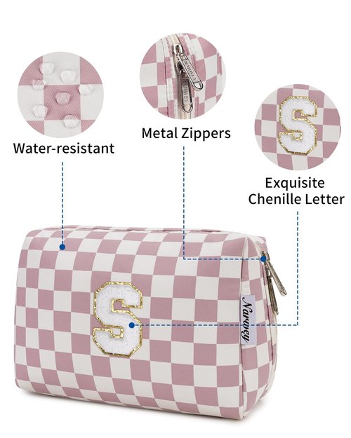 Narwey Personalized Initial Makeup Bag Toiletry Bag Gifts for Women Girls Large Checkered Makeup Bag Zipper Pouch Travel Cosmetic Bag Organizer for Women (Dusty Rose Checkerboard Letter S)
