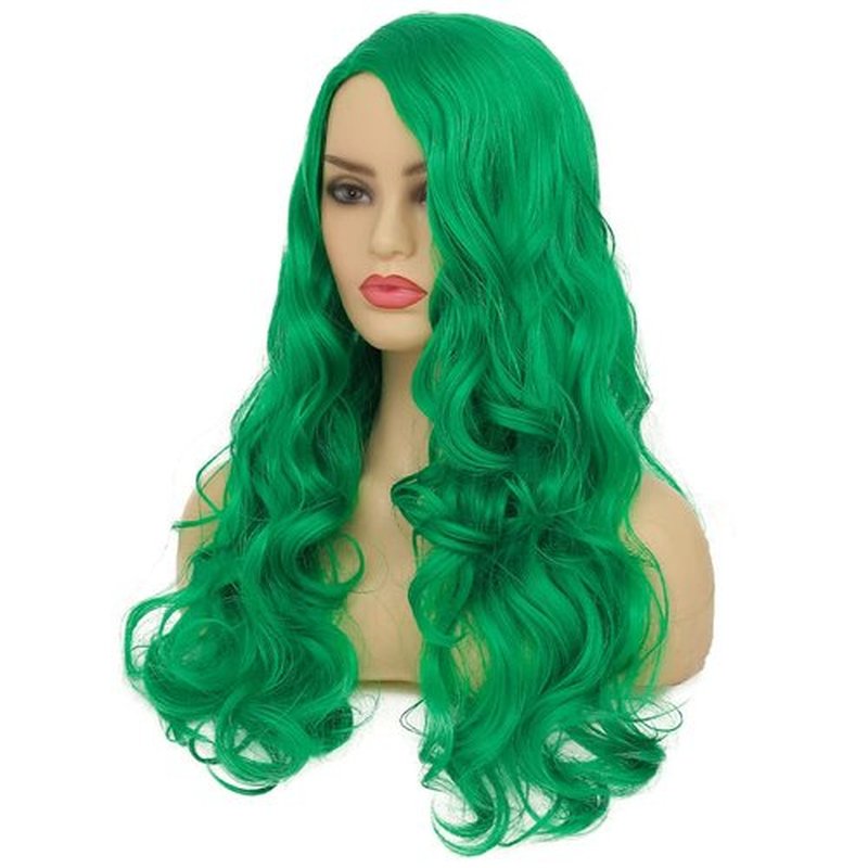 Kaneles Long Curly Green Wig for Women Wavy Side Part Hair Natural Looking Synthetic Heat Resistant Cosplay Party Replacement Wig（Green）