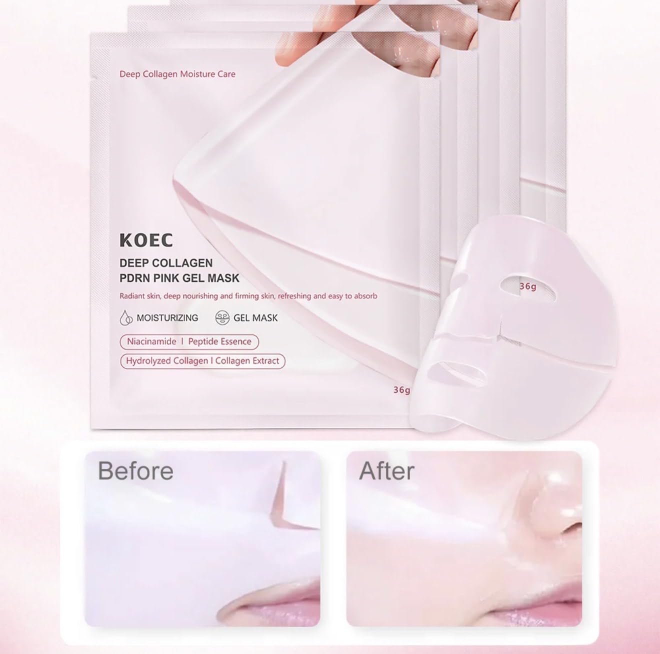 BEAUTIVANA KOEC Deep Collagen PDRN Pink Gel Mask, Moisturizing Face Treatment with Niacinamide, Peptide Essence, Hydrolyzed Collagen, 36g