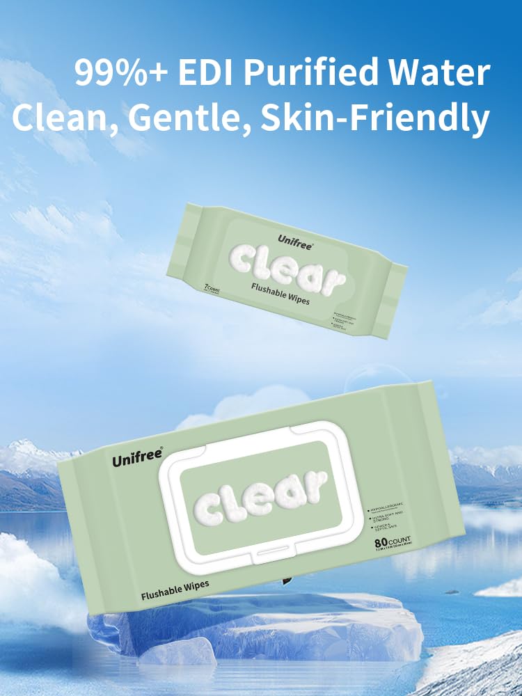 Unifree Flushable Wipes | XL Wet Wipes Gentle Clean, Septic and Sewer Safe, Home Essentials, Toilet, flip-top pack Biodegradable, 4 Large Packs (320 Wipes Total)