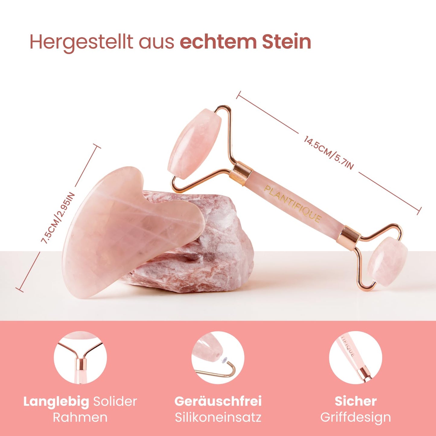 PLANTIFIQUE Jade Roller and Rose Quartz Face Roller with Gua Sha Facial Tools - Includes Real Roller and Gua Sha Set - Certified Face Roller and GuaSha for Your Skincare Routine