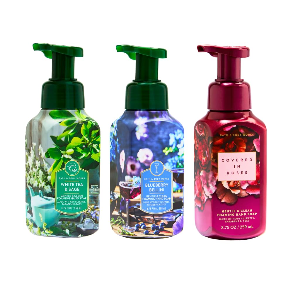 Bath & Body Works Gentle & Clean Foaming Hand Soap – WHITE TEA & SAGE, BLUEBERRY BELLINI, COVERED IN ROSES 3pc bundle – 8.75 fl oz each – Fresh Fruity & Floral Scents - 2026 LIMITED EDITION