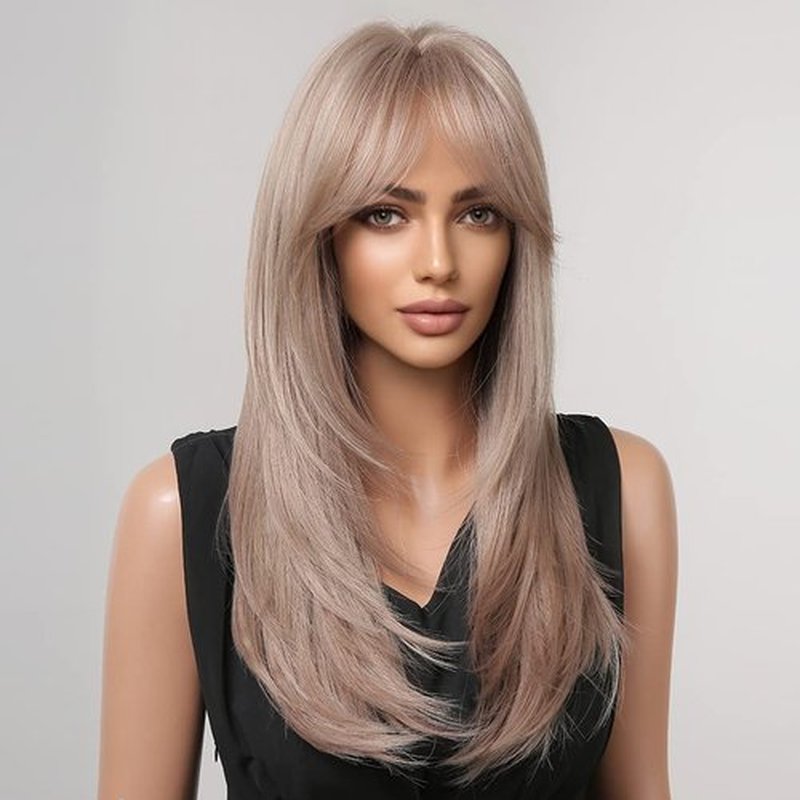 BERON Brown Blonde Wig Long Layered Wig with Bangs Brown Mix Blonde Wig Layered Wig Ash Blonde Wigs for Women Natural Synthetic Wigs for Daily Use