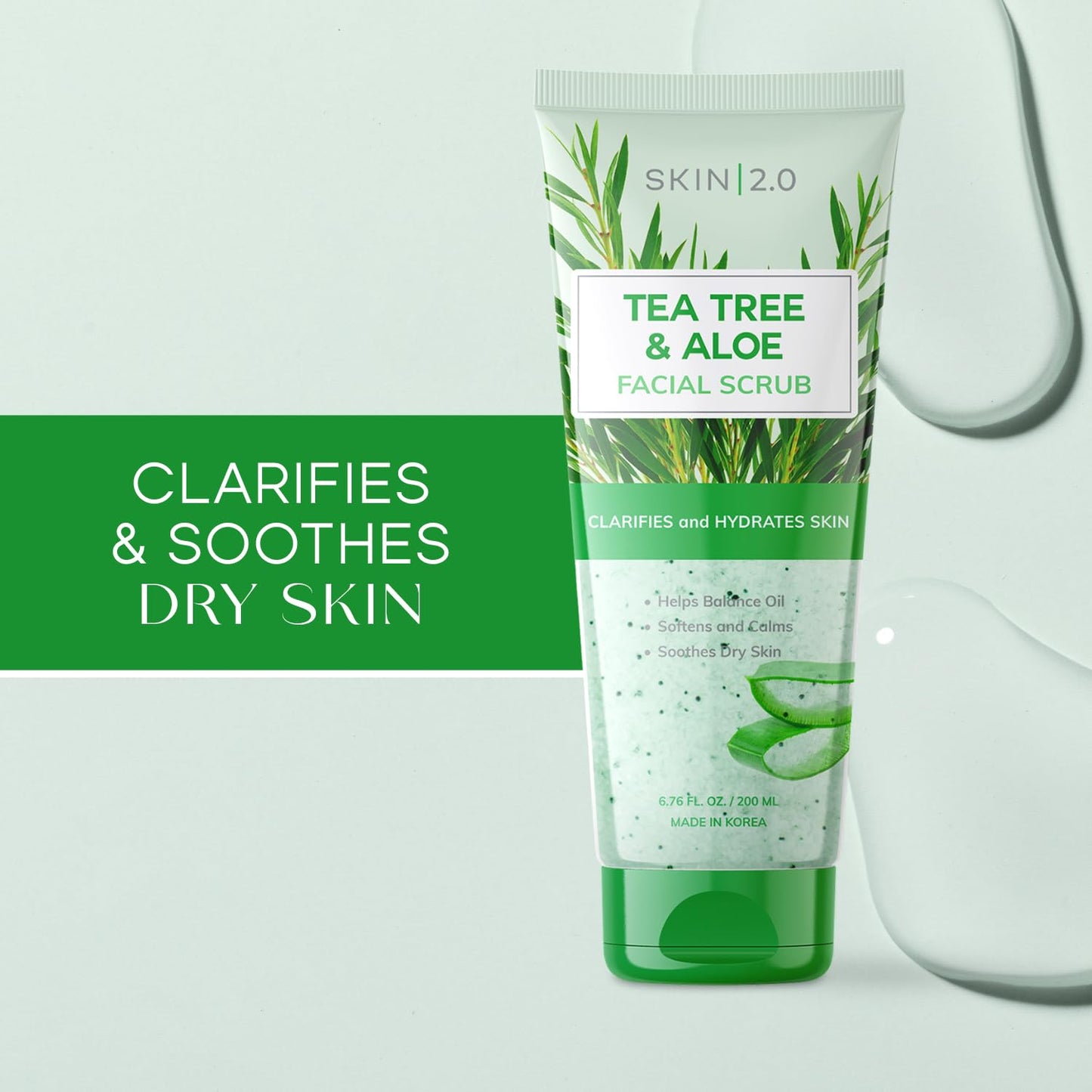 Skin 2.0 Tea Tree & Aloe Gentle Exfoliating Scrub - Dermatologist Tested, Multi-Tasking Cleanser, Clears Skin - Anti-Aging, Clean Beauty, Cruelty-Free Korean Skincare for All Skin Types - 6.76 Fl Oz
