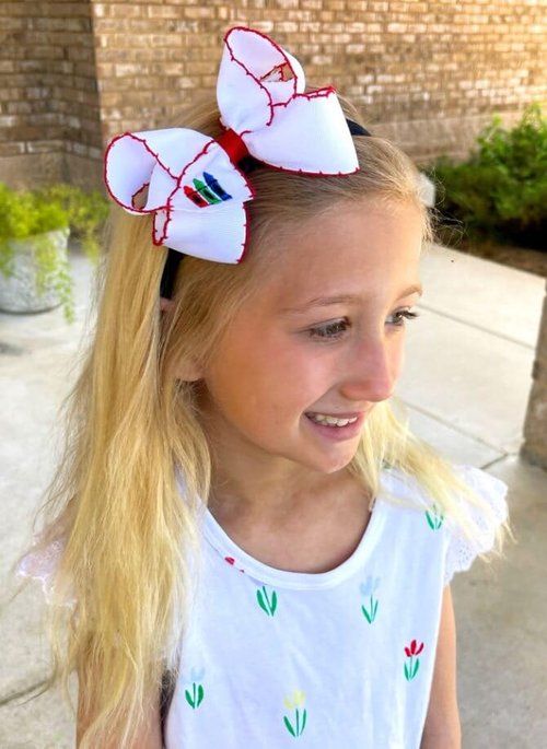 Wee Ones Girls Grosgrain Hair Bow with Red Moonstitch Edge and Crayon Embroidery on a WeeStay Clip with Plain Wrap, Medium, Crayons Red