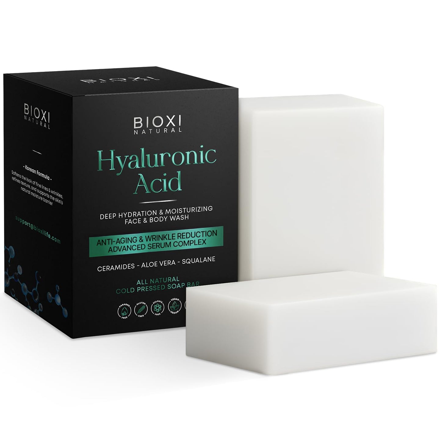 Hyaluronic Acid Serum Complex Cold Pressed Soap Bar - Deep Hydration Moisturizing Anti-Aging Face & Body Wash - Korean Formula with Ceramides, Shea Butter, Aloe Vera, Squalane & Natural Oils - 2 Pack