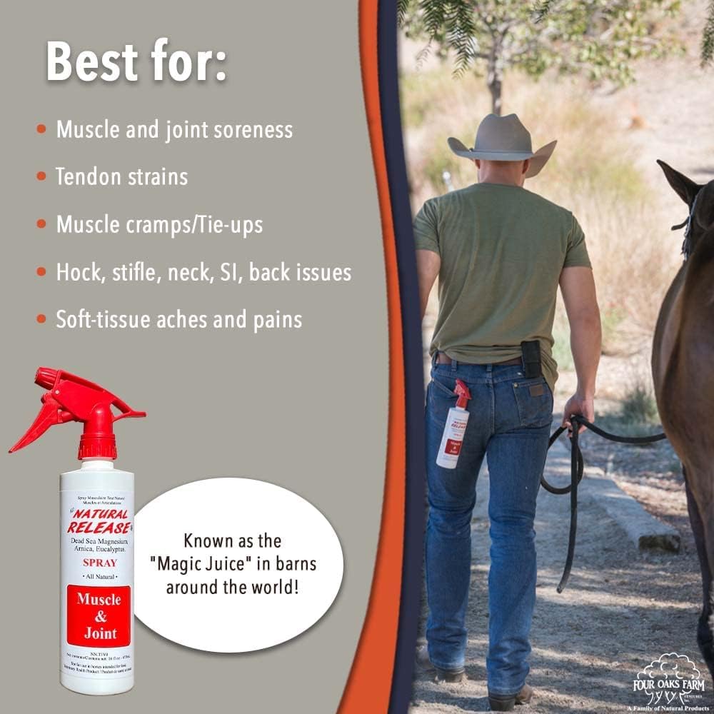 Four Oaks Farm Ventures, Natural Release Muscle Spray Treatment - Horse Liniment for Sore Muscles, Joint Pain, Tendon & Inflammation Relief - Easy to Use, Fast Acting, Alcohol & Menthol Free (16 oz)