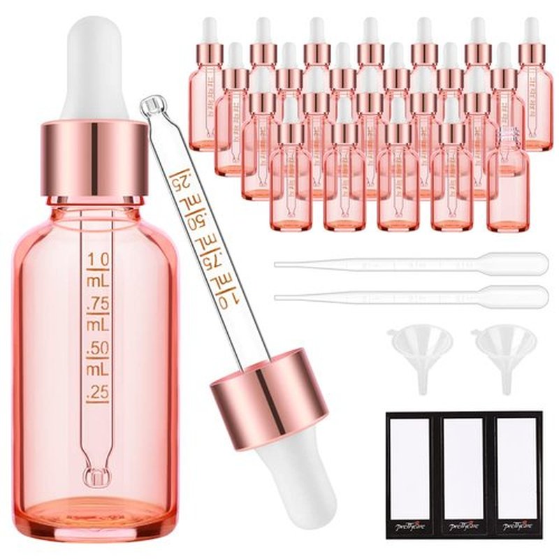 24 Pack 2 Oz Glass Eye Dropper Bottles Rose, 60 ml Empty Tincture Dropper Bottle with Scale droppers, 1 Extra Cap, 2 Plastic Funnels, 2 Pipettes & 48 stickers for Essential Oils, Body Oil