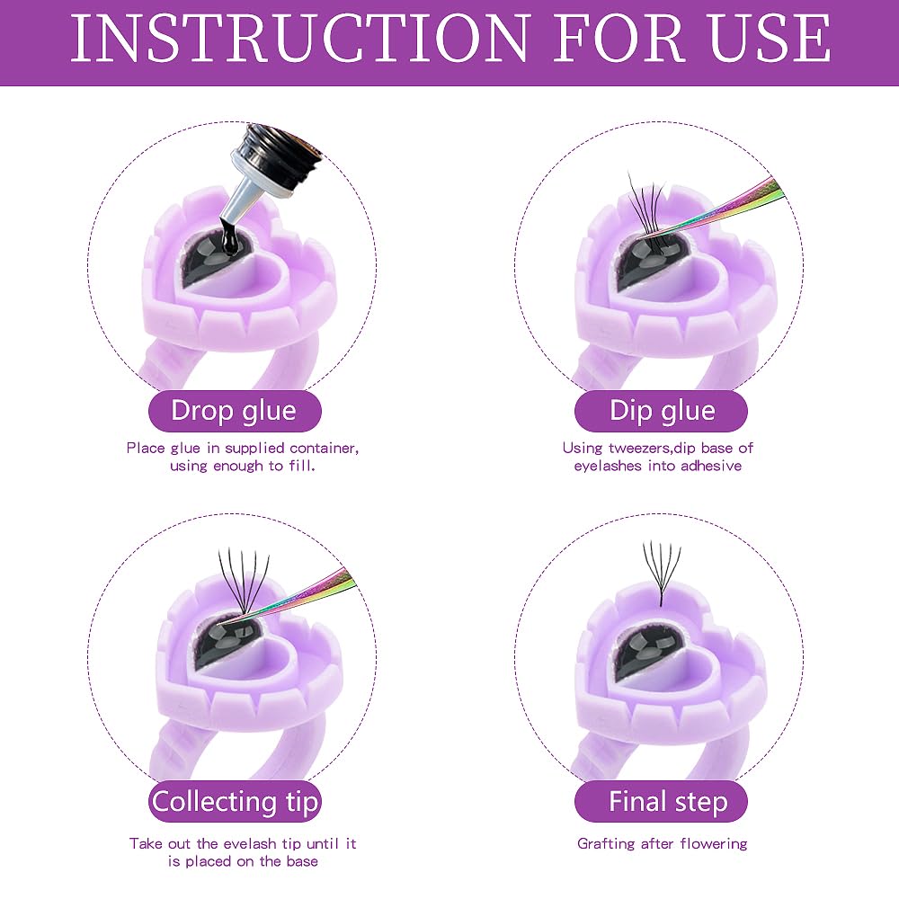 200pcs Disposable Plastic Eyelash Flower Glue Ring Lash Extension Blossom Holder Cup (Heart shape-Purple)