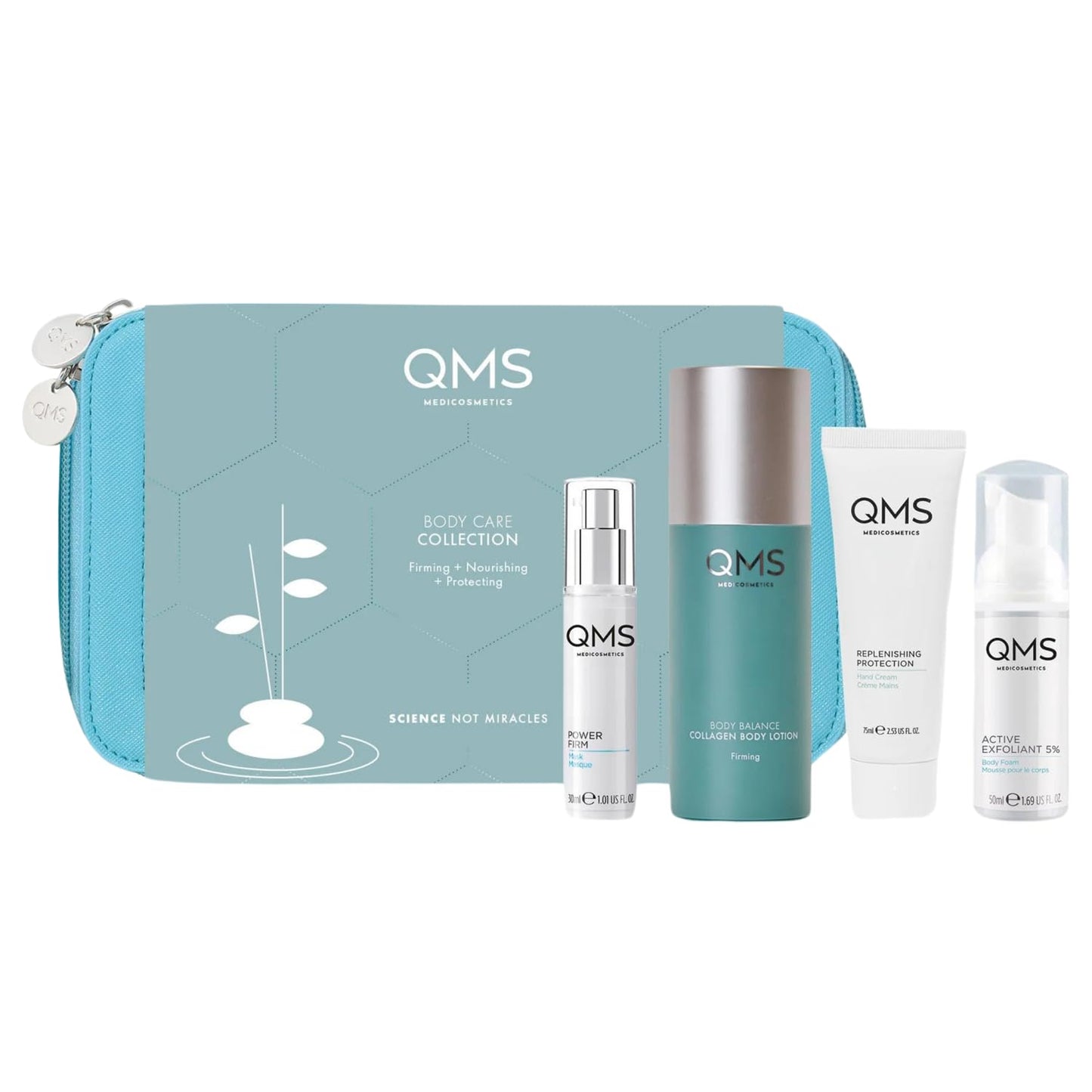 QMS Medicosmetics Body Care Collection Kit – Firming, Nourishing + Protecting – Includes Collagen Body Lotion, Replenishing Protection Hand Cream, Power Firm Mask + Exfoliating Foam