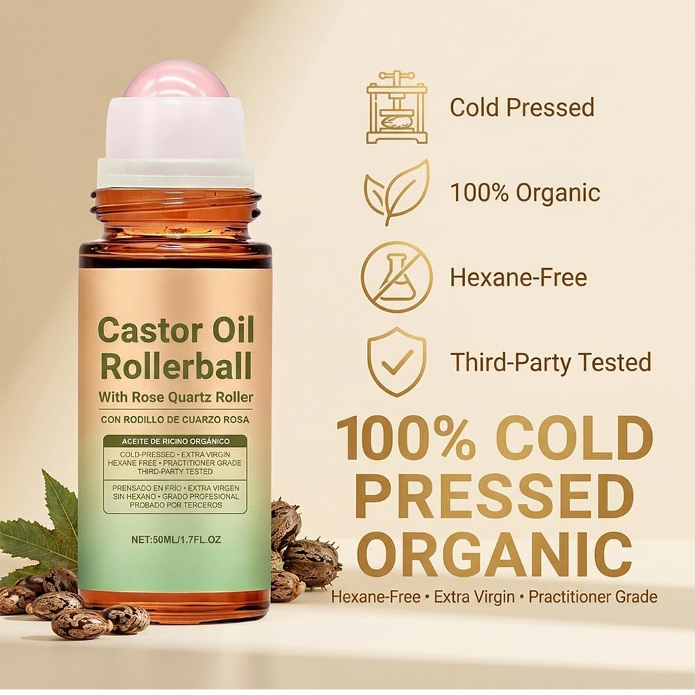 ROVIA 2 PCS Organic Castor Oil Roll On: 100% Cold Pressed Moisturizing Oil with Rose Quartz Roller - for Brows, Lashes, Dry Skin & Face, Travel Friendly Leakproof Roller Bottle