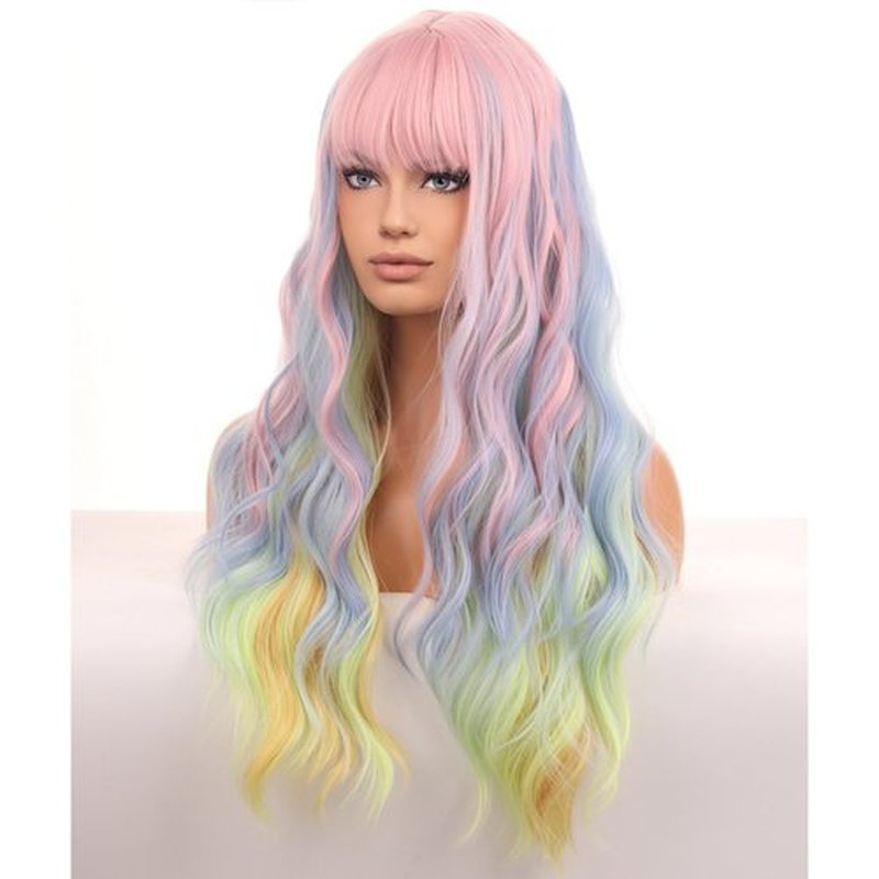 BERON Rainbow Long Wigs Curly Wavy Women Pastel Wigs with Bangs Colorful Heat Resistant Synthetic Wigs for Cosplay or Daily Wigs Wig Cap Included