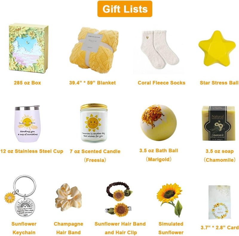Get Well Soon Gift Basket for Women | 14-Piece Care Package with Sunflowers - Thoughtful Sympathy Gifts