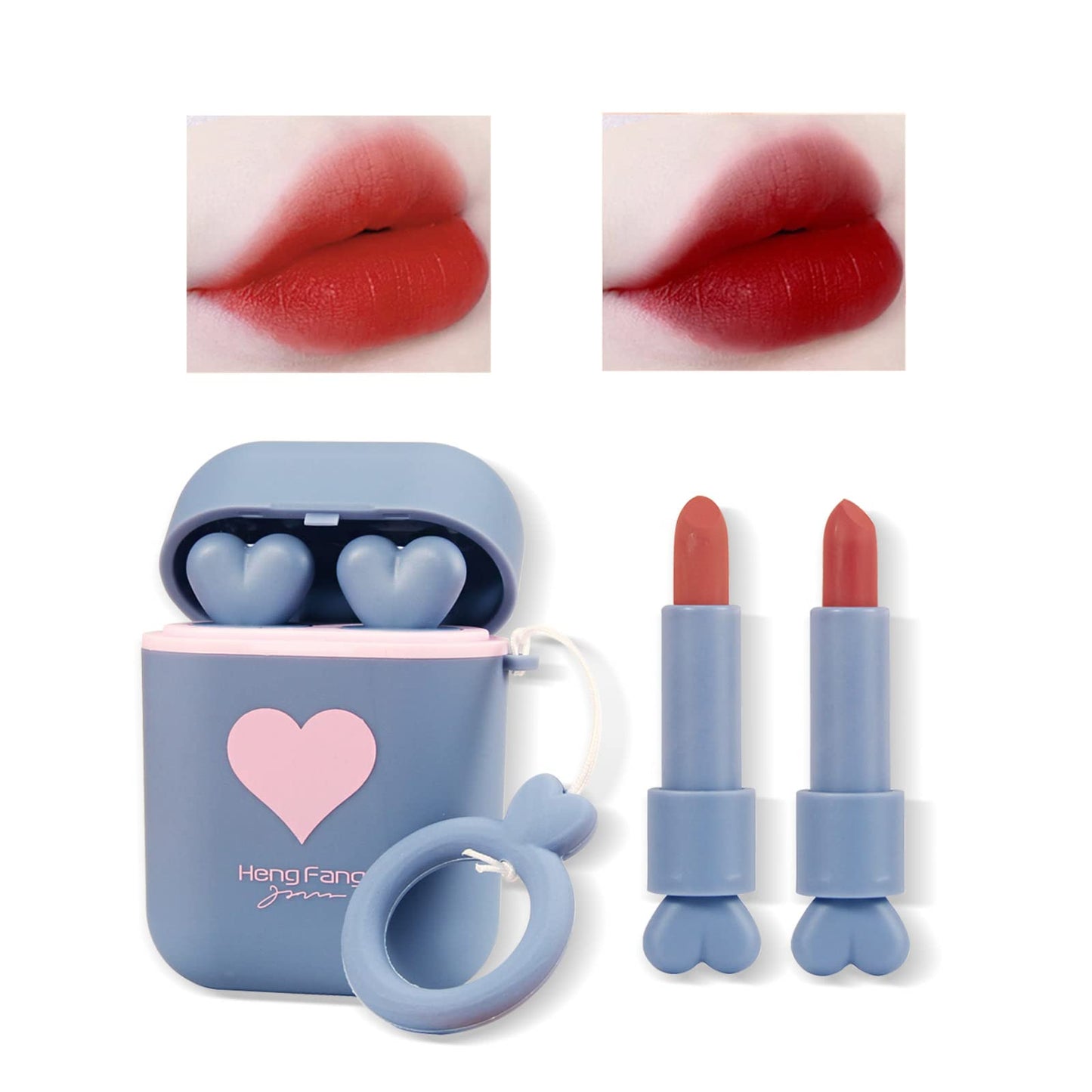 LAMUSELAND Matte Lipstick, 2Pc/Set Waterproof Long Lasting Moisturizing Lip Stain Earphone Dual-color Lip Gloss Primer, Non-stick Cup Lip Make Up Gift Kit for Girls (Red)