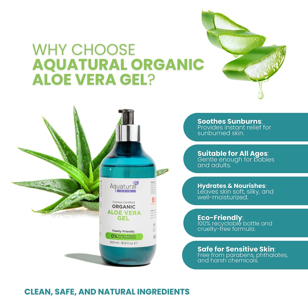 Aquatural Organic Aloe Vera Liquid for Face & Body - Aloevera for Sunburn, Dry Skin - Paraben Free & Dye Free - Natural Moisturizer for Babies & Adults - Moisturizing Aloe Liquid (16.9 fl oz)