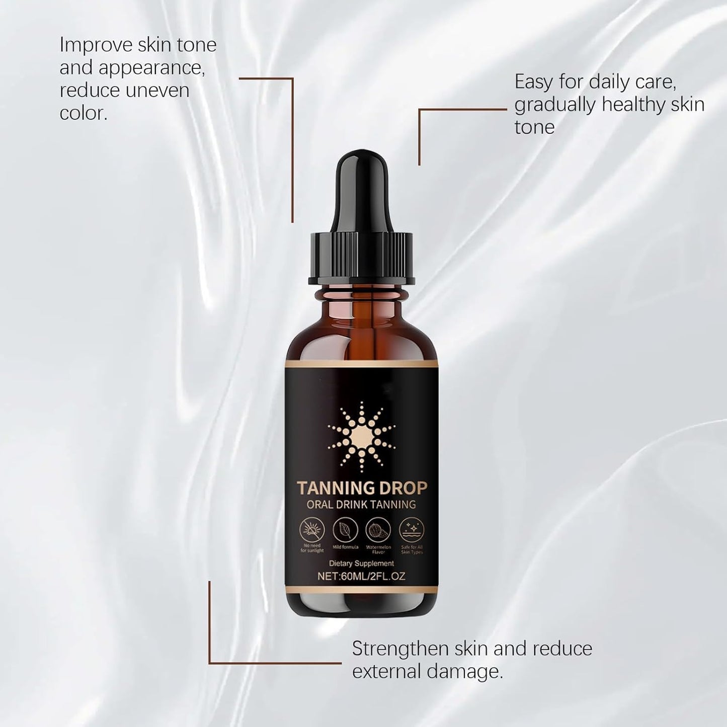 Tanning Drops, Sunless Tanning Drops To Drink, Sunless Self Tanner, Bronzing Tanner for Face and Body, Drinkable Tanning Drops Enhancing Natural Skin Tone for All Skin Types, 2Fl Oz