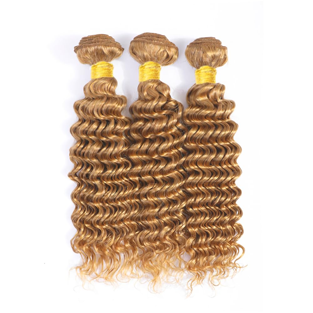 Blonde Deep Wave Human Hair Bundles #27 Human Hair Bundles 12 14 16 inch 3 Bundles Double Weft Honey Blonde Deep Wave Bundles 27 Wet and Wavy Bundles