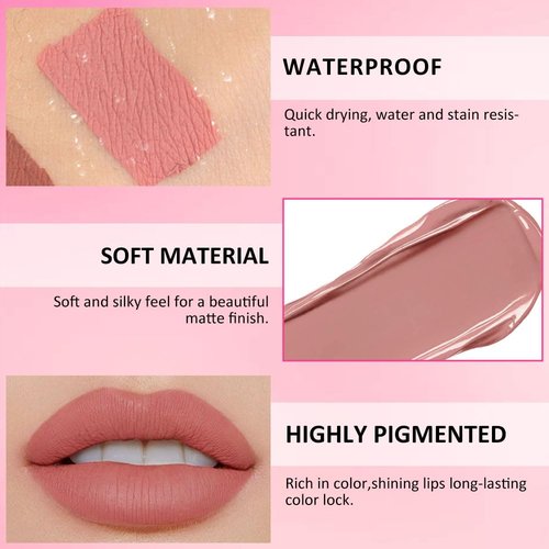 JUAAZIN 5Pcs Matte Liquid Lip Sticks + 1Pcs liquid lip oil set, Dusty Pink Rose Taupe Light Brown Pale Carmine Rose Vale Lip Gloss Set, Rich Colors Long-Lasting Wear Not Fade Waterproof Lip Gloss(set1