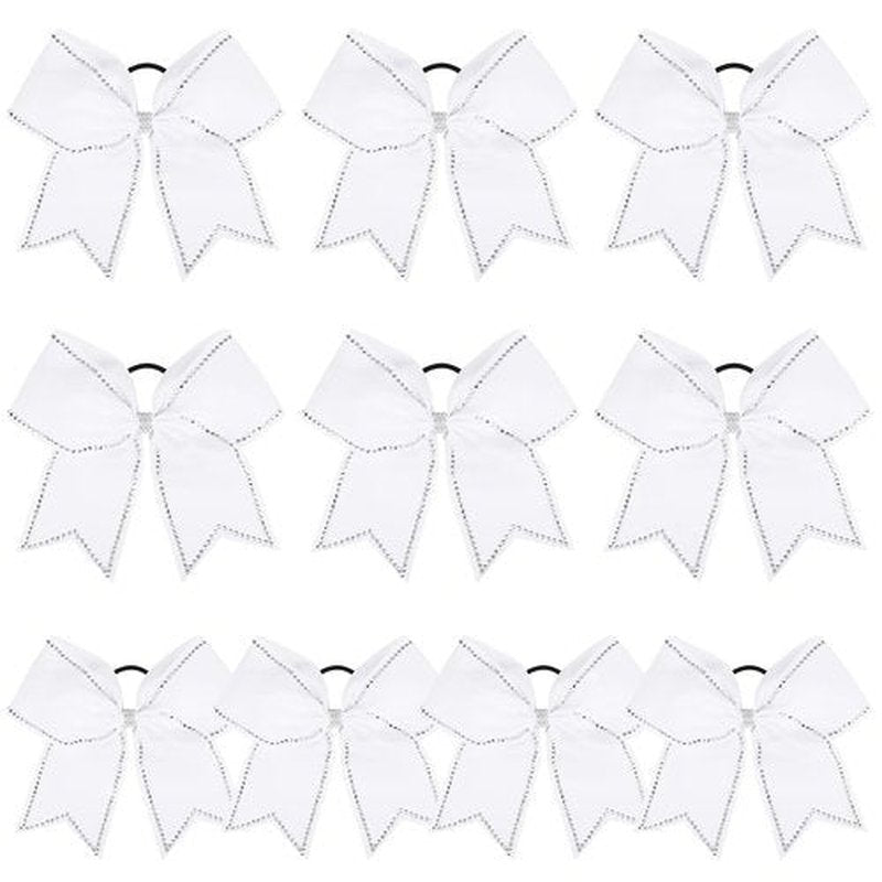 DEEKA 10 PCS 8" Rhinestones Large Cheer Hair Bows Glitter Cheer Ponytail Holder Handmade for Teen Girls Softball Cheerleader Sports -White