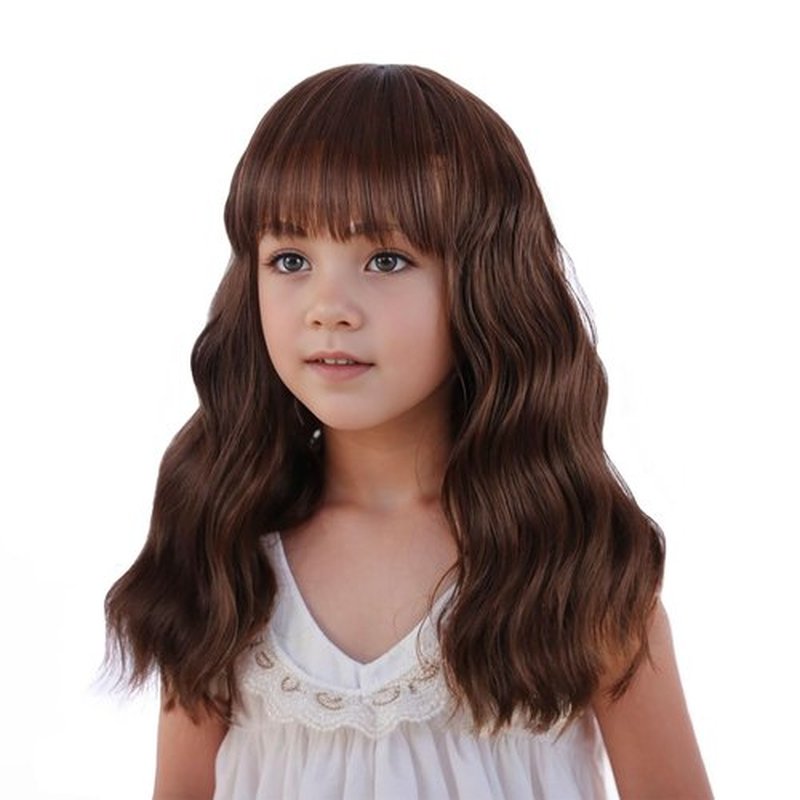 Edivd Mixed Brown Wig for Child Short Chocolate Brown Wig with Air Bangs for Girls Short Brown Wavy Curly Wig for Kids Heat Resistant Synthetic Wig with Wig Cap