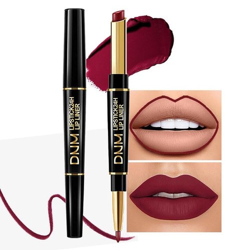 2 in 1 Dark Red Matte Lip Liner & Lipstick Combination, DNM Metallic Dual Ended Lipstick, Lip Liner, Lip Gloss, 24 Hour all Day Long-Lasting Waterproof Lipliners Pencil for Women Lip Makeup Gift 06#