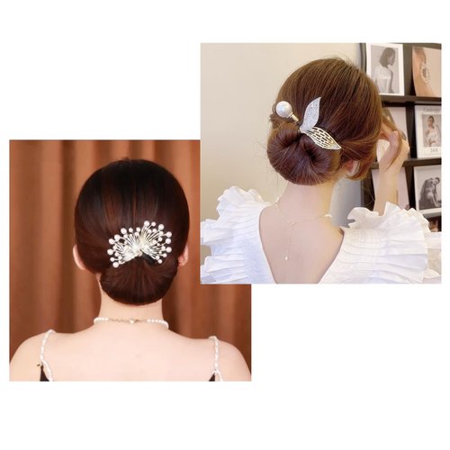 Ins Style Elegant Lazy Hair Curler, French Twist Hair Bun Maker, Lazy Flower Hairpin,Rhinestone Hand-Embroidered Flower Hair Accessory (2Pcs-Fish Tail+Pearl)
