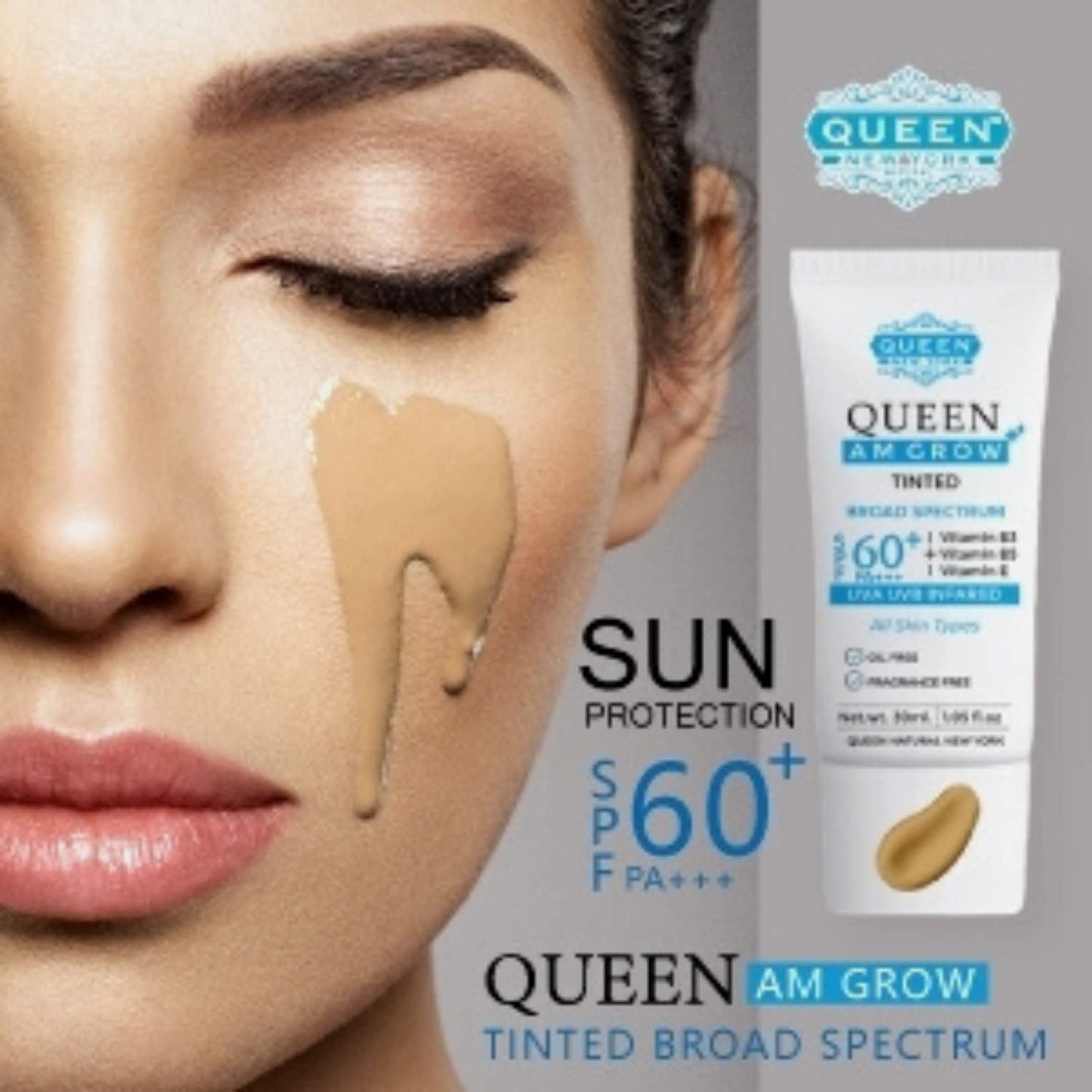 QUEEN AM GLOW | TINTED SunScreen SPF 60 Primer-Anti Aging, Face Moisturizer- Vitamin B3, B5, E- Non-Greasy, Silky Touch, oil free, fragrance free by QUEEN NATURAL NEW YORK (Pack of 1)