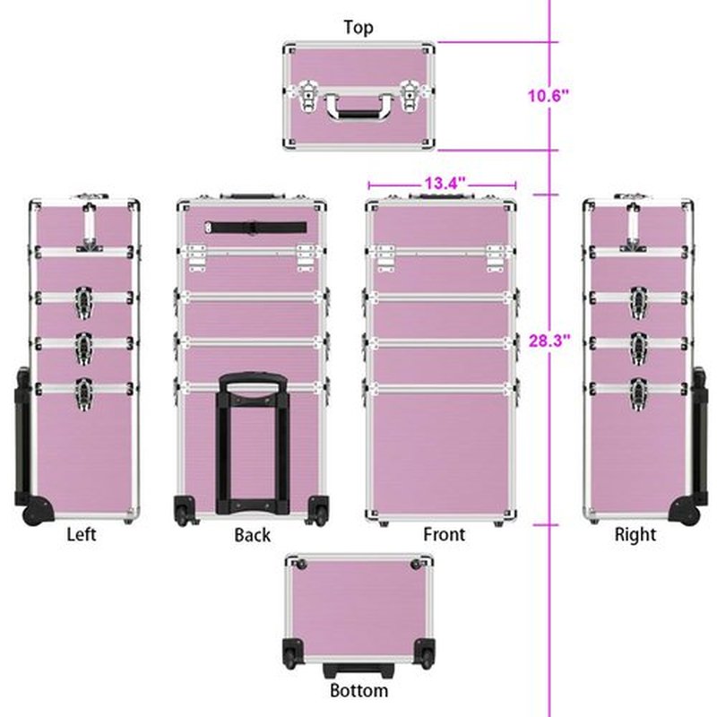 OUDMAY Makeup Train Case 4 in 1 Professional Cosmetics Rolling Organizer Aluminum Frame and Folding Trays Pink