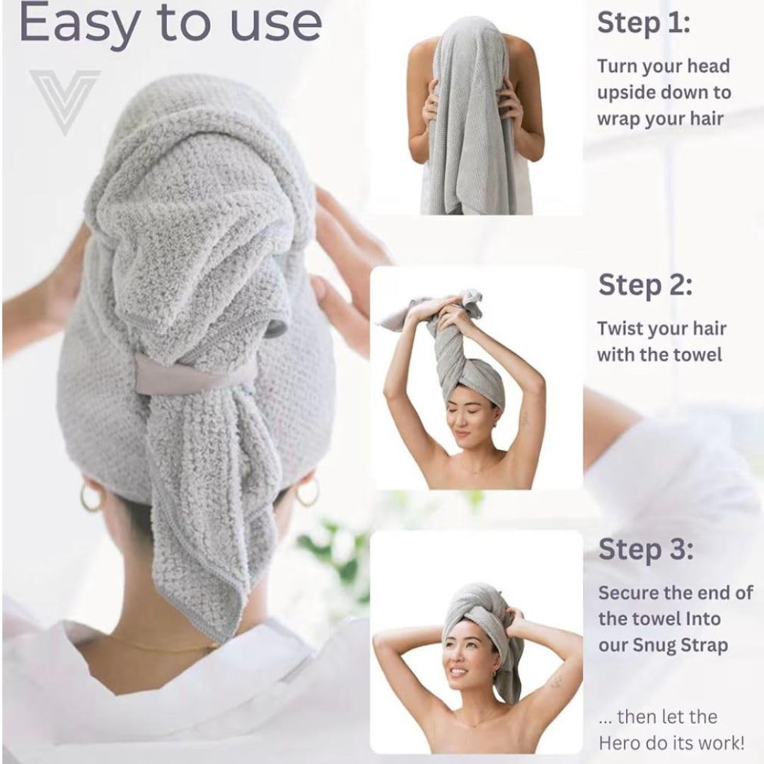 VOLO Hero Hair Towel | Ultra Soft, Super Absorbent, Quick Drying Nanoweave Fabric | Reduce Dry Time by 50% | Towel Wrap for All Hair Types | Reusable Packaging (Luna Gray - Reusable Tote)