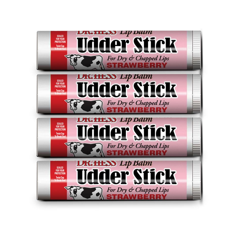 Dr. Hess Original Udder Stick Lip Balm, Soothing Moisturizer Sun Screen Balm for Dry Lips with Jojoba, Beeswax & Shea Butter, Total Lip Care, Hydration & Repair, Strawberry Flavor, 4 Pack