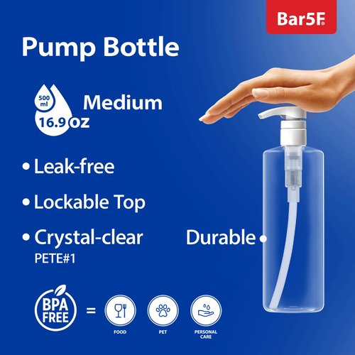 Bar5F 6-Pack Plastic Lotion Bottles with Black & White Pumps, 16.9 oz | Leak Proof, Empty Clear Cylinder, Refillable, BPA Free for Shampoo, Moisturizer, Face Cream, Liquid Hand Soap | Set of Bulk