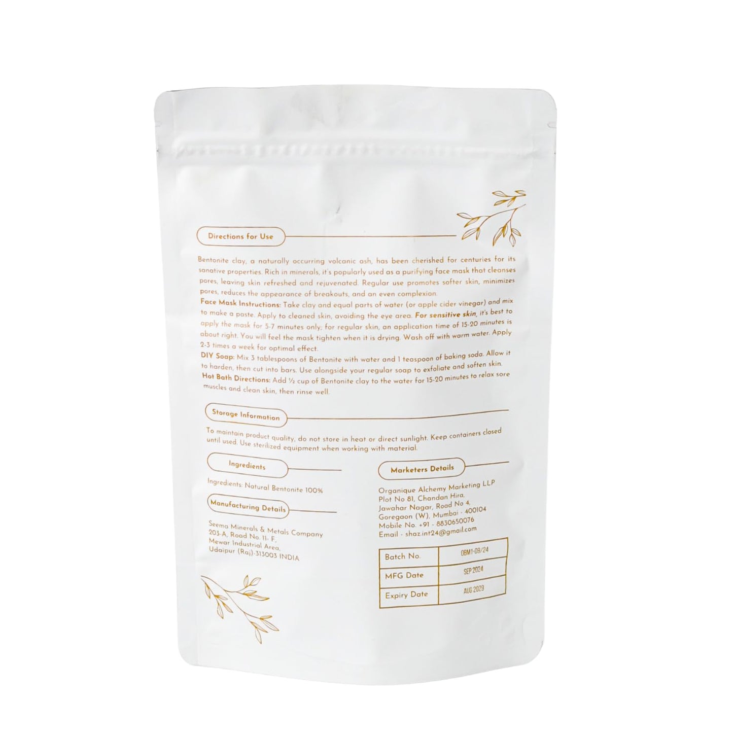 Organique Alchemy - Bentonite Clay Powder For Face, Body & Hair, Deep Pore Cleansing & Detox, Indian Healing Calcium & Sodium Clay, For Masks & Bath 8 oz (227g)
