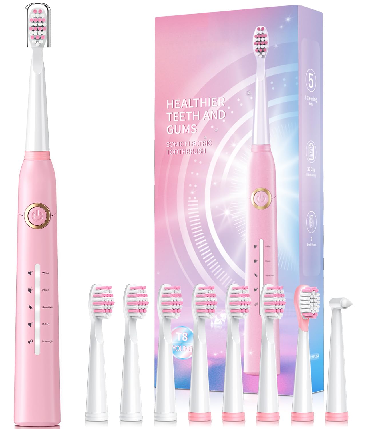TEETHEORY Electric Toothbrush for Adults with 8 𝐁𝐫𝐮𝐬𝐡 𝐇𝐞𝐚𝐝𝐬, Sonic Electric Toothbrush with 40000 VPM Deep Clean 5 Modes, Rechargeable Toothbrushes Fast Charge 4 Hours Last 30 Days