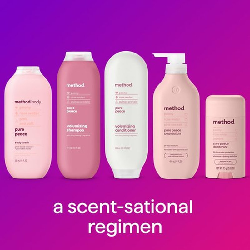 Method Body Lotion, Pure Peace, Rose Water, Peonies + Pink Sea Salt notes, 24 Hours of Moisture, 14 oz