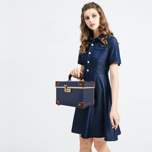 urecity Portable Retro Leather Makeup Train Case Cosmetic Organizer Case Leather Storage Box with Combination Lock (12.5", Retro Blue)