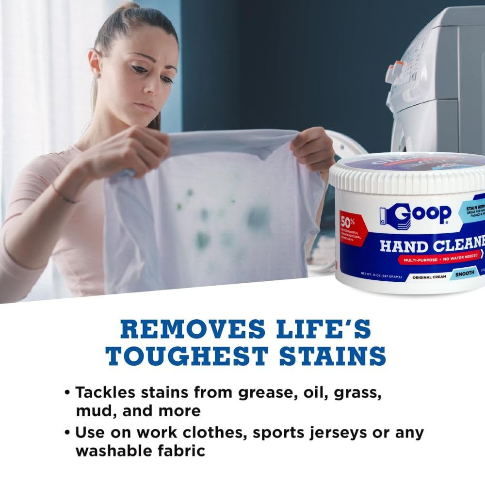 GOOP Multi-Purpose Hand Cleaner- Waterless Hand Degreaser, Laundry Stain Remover - NonToxic and Biodegradable Cleaner Remove Dirt, Oil, Paint, Ink, and Clothes Stains Original, 14oz Pack of 1
