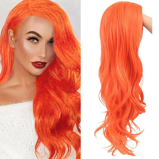 Tseses Orange Long Curly Wavy Womens Wig Hair Natural Looking Side Part Cosplay Halloween Synthetic Fiber Wig Heat Resistant Replacement Full Wig (Orange)