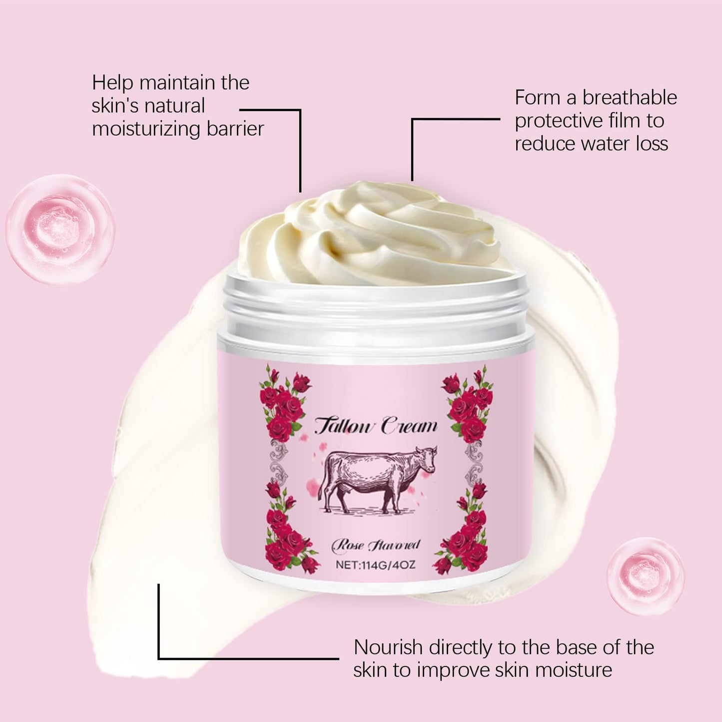 TUOSHITONG Beef Tallow, Beef Tallow for Skin, Face & Body Whipped Moisturizer with Rose, Nourishing Soothing Moisturizer Body Cream Skin Care, Suitable for All Skin Types 4 oz