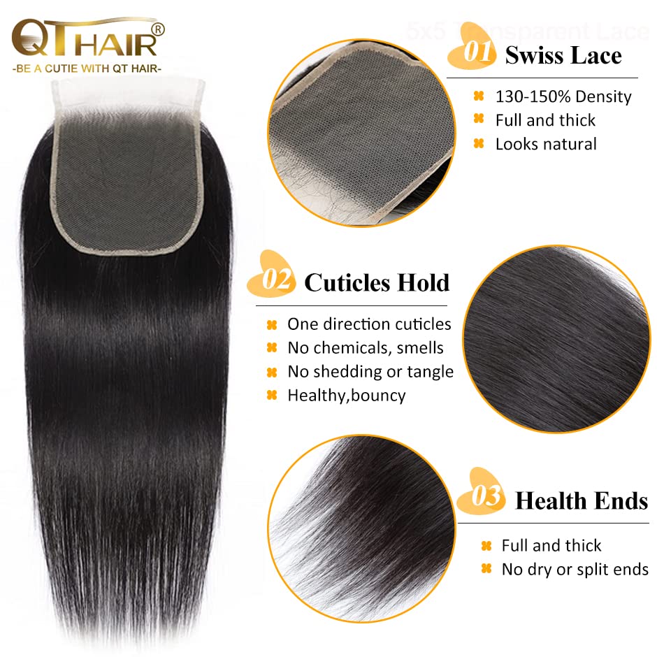 QTHAIR 14A Grade 5x5 Transparent Color Lace Closure 130%-150% Density (16", 5x5 Straight Closure)