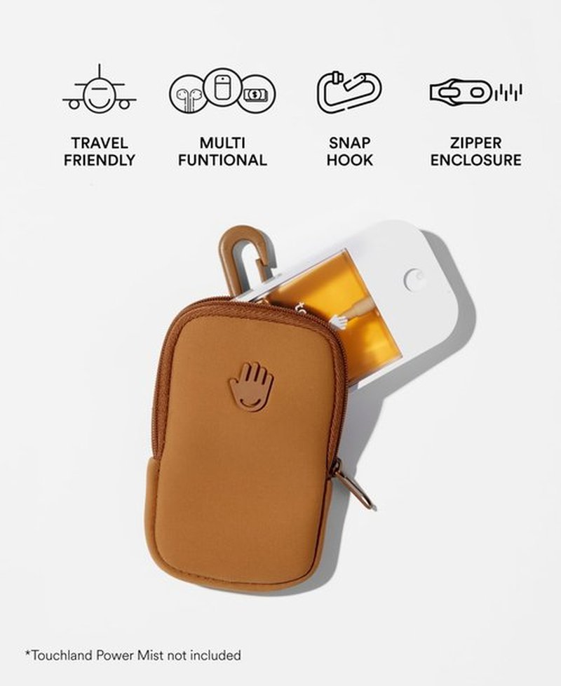 Touchland Touchette Zippered Pouch, Attachable Fashion Accessory with Snap Hook for Power Mist and Glow Mist 1FL OZ, Caramel