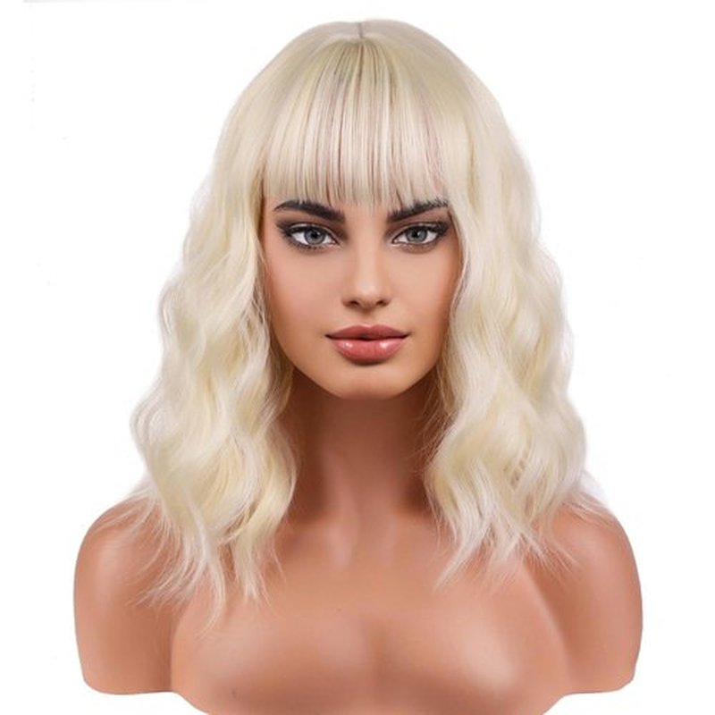 BERON 14 Inches Blonde Wig for Women Short Curly Wig Blonde Wig with Bangs Bob Wig Blonde for Daily Party Wig Cap Include