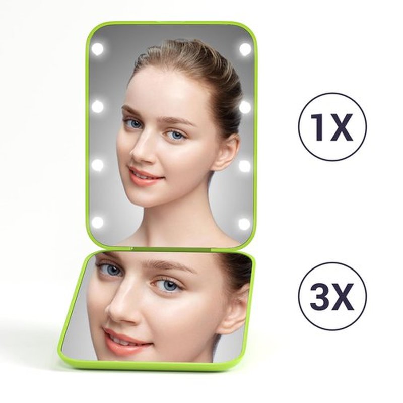 Kintion Pocket Mirror, 1X/3X Magnification LED Compact Travel Makeup Mirror with Light for Purse, 2-Sided, Portable, Folding, Handheld, Small Lighted Mirror for Gift, Light Green