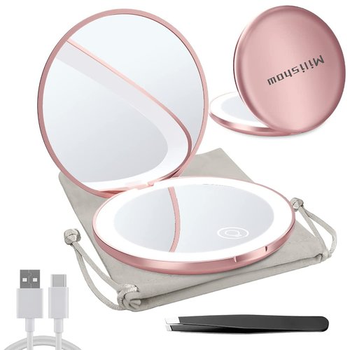 Milishow Compact Mirror with LED Light,1x/10x Magnifying Rechargeable Mirror,3.5in, Dimmable Travel Mirror for Purse,Pocket,Handheld 2-Sided Makeup Mirror