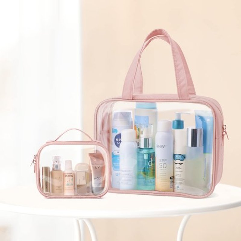 PACKISM Clear Toiletry Bags - 2 Pack Clear Makeup Bags with Handle Large Opening, Waterproof Clear Cosmetic Bags Fit Carry-on Travel Essentials, Travel Accessories Clear Travel Bags, Pink