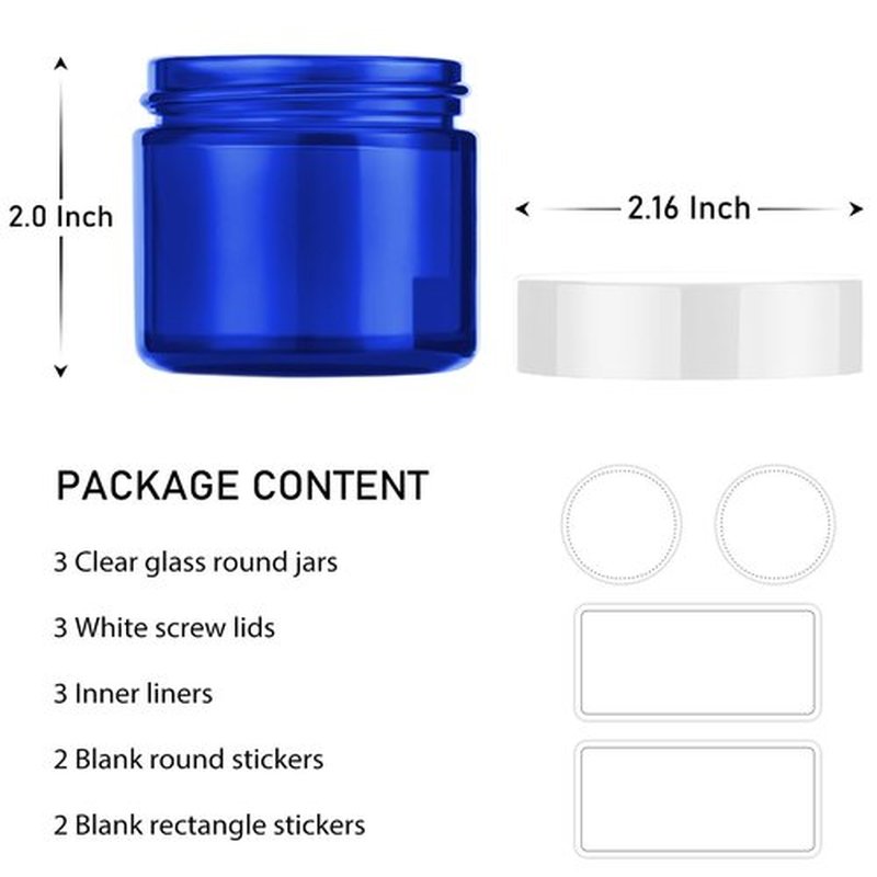 2 oz Glass Jars with Lids, Bumobum 3 pack Small Jar with White Lids, Blank Labels & Inner Liners, 60 ml Empty Round Cosmetic Containers for Sample, Powder, Cream, Lotion, Spice Cobalt Blue