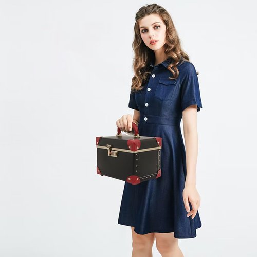 urecity Portable Retro Leather Makeup Train Case Cosmetic Organizer Case Leather Storage Box with Combination Lock (12.5", Black)