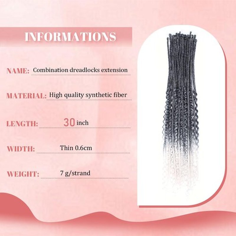 Quiduis 30 Inch 30 Strands SE Dreadlock Extensions Full Sets,3 In 1 Mixed Synthetic Dreads Extensions,Gray to White Curly&Straight&Boho Single Ended Dreads Extensions Hippie Style Dreadlock for Women
